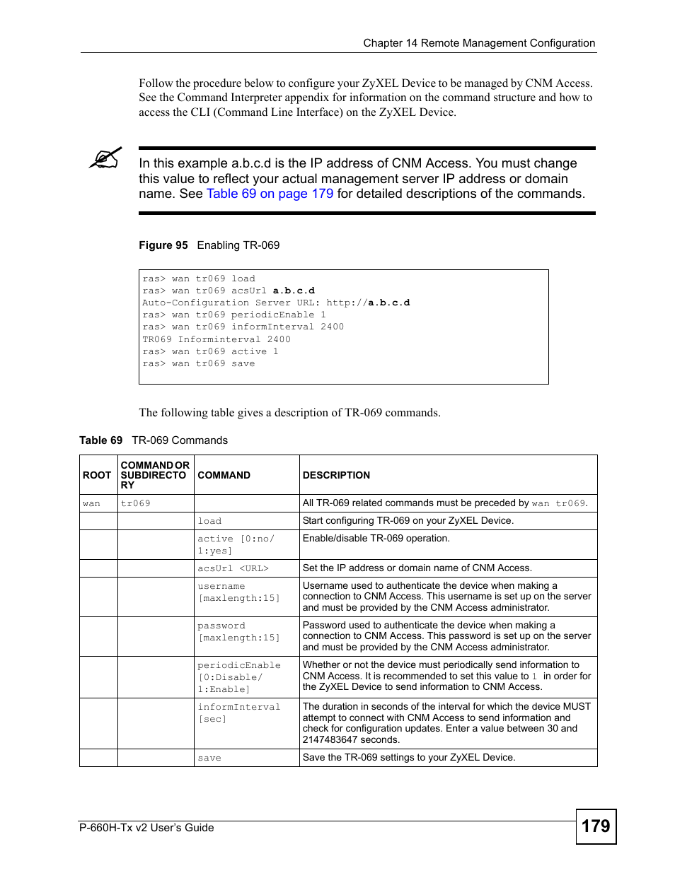 Figure 95 enabling tr-069, Table 69 tr-069 commands | ZyXEL Communications P-660H-Tx v2 User Manual | Page 179 / 312