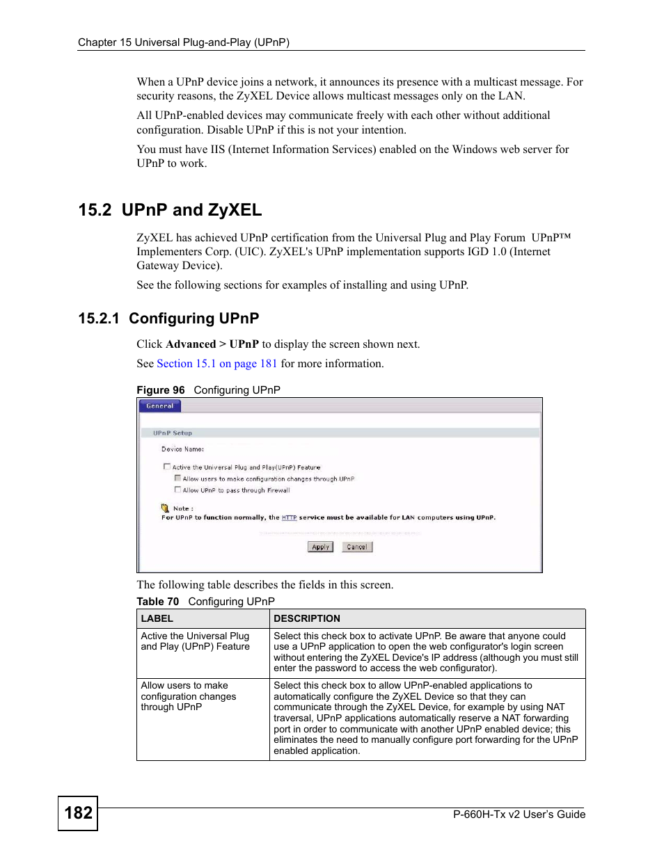 2 upnp and zyxel, 1 configuring upnp, Figure 96 configuring upnp | Table 70 configuring upnp | ZyXEL Communications P-660H-Tx v2 User Manual | Page 182 / 312