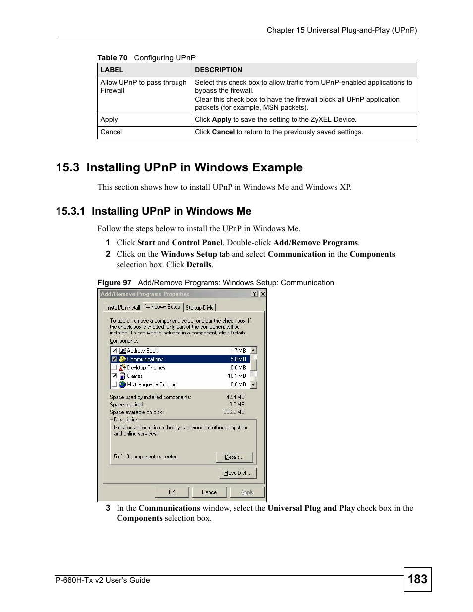 3 installing upnp in windows example, 1 installing upnp in windows me | ZyXEL Communications P-660H-Tx v2 User Manual | Page 183 / 312