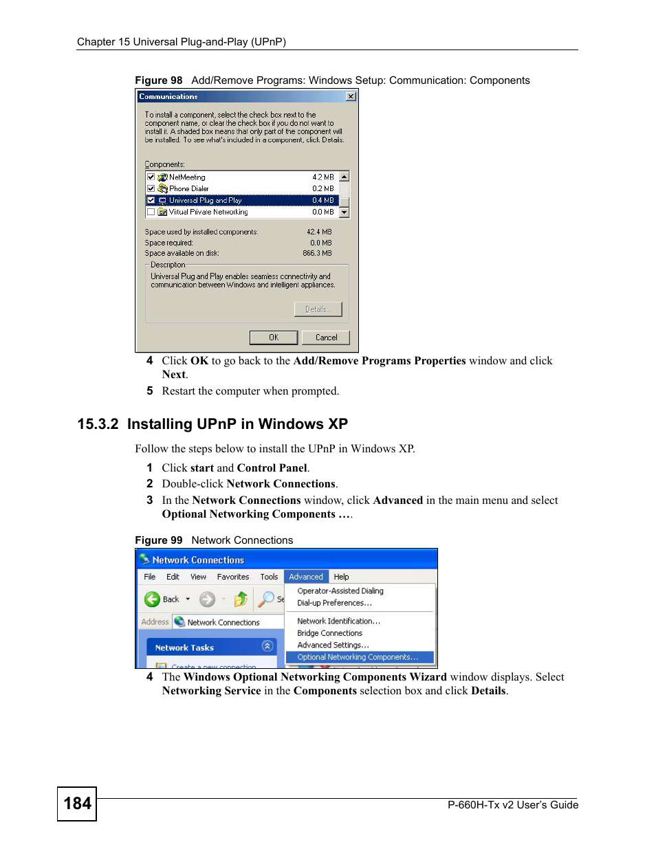 2 installing upnp in windows xp | ZyXEL Communications P-660H-Tx v2 User Manual | Page 184 / 312