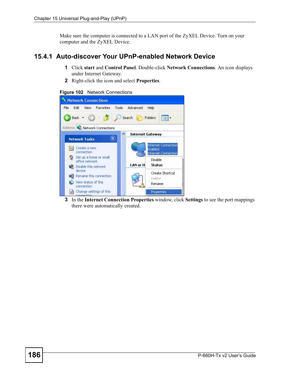 1 auto-discover your upnp-enabled network device, Figure 102 network connections | ZyXEL Communications P-660H-Tx v2 User Manual | Page 186 / 312