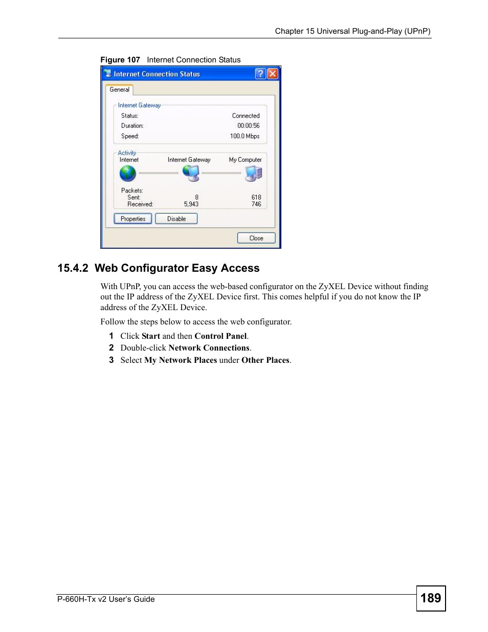 2 web configurator easy access, Figure 107 internet connection status | ZyXEL Communications P-660H-Tx v2 User Manual | Page 189 / 312