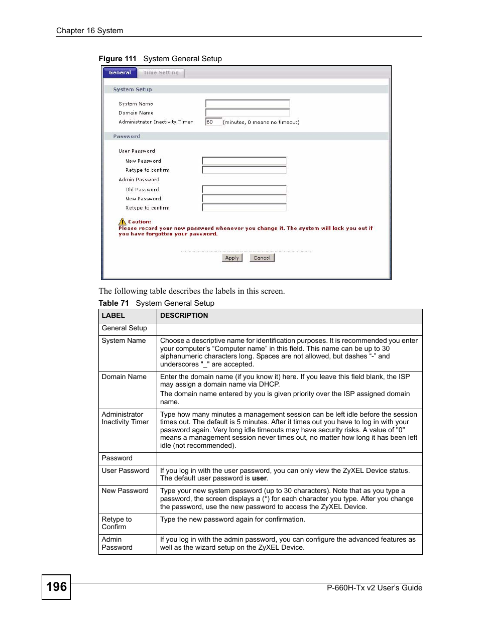 Figure 111 system general setup, Table 71 system general setup | ZyXEL Communications P-660H-Tx v2 User Manual | Page 196 / 312