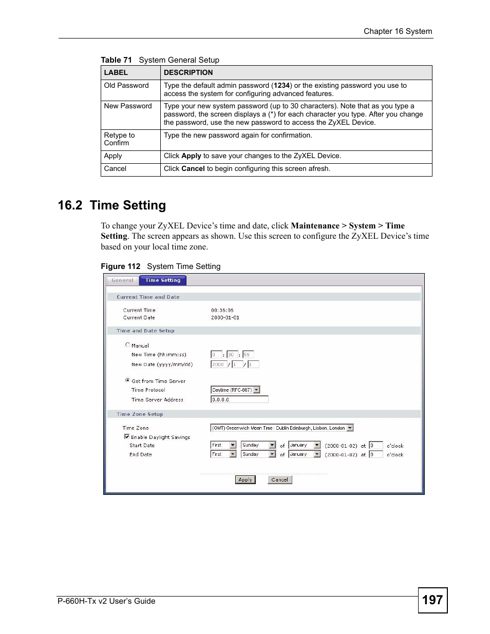 2 time setting, Figure 112 system time setting | ZyXEL Communications P-660H-Tx v2 User Manual | Page 197 / 312