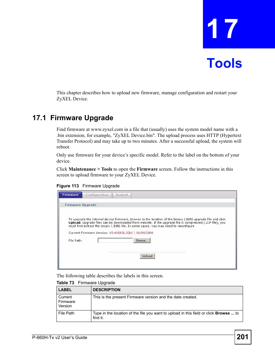 Tools, 1 firmware upgrade, Chapter 17 tools | Figure 113 firmware upgrade, Table 73 firmware upgrade, Tools (201) | ZyXEL Communications P-660H-Tx v2 User Manual | Page 201 / 312