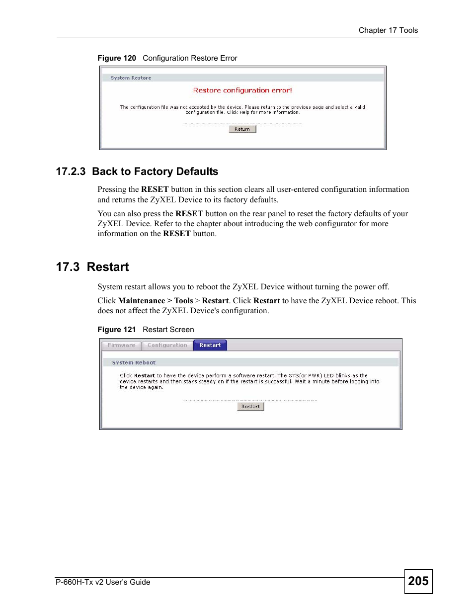 3 back to factory defaults, 3 restart | ZyXEL Communications P-660H-Tx v2 User Manual | Page 205 / 312