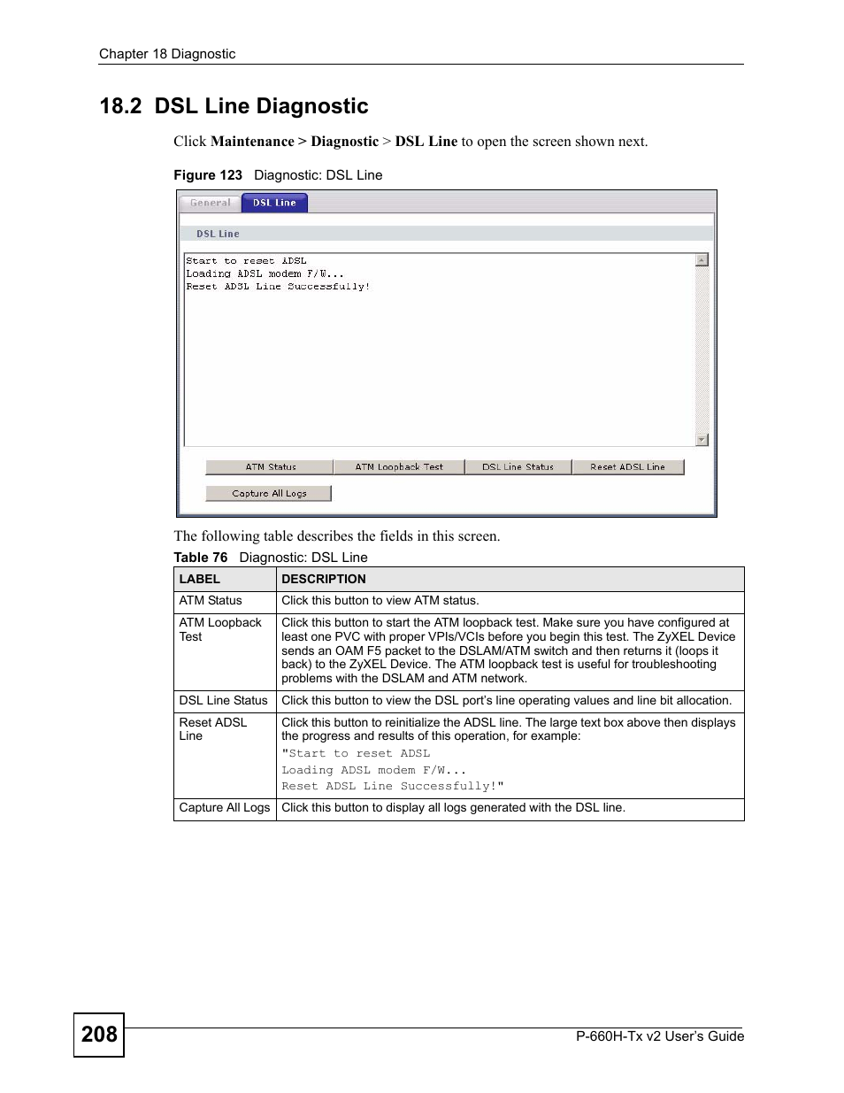 2 dsl line diagnostic, Figure 123 diagnostic: dsl line, Table 76 diagnostic: dsl line | ZyXEL Communications P-660H-Tx v2 User Manual | Page 208 / 312