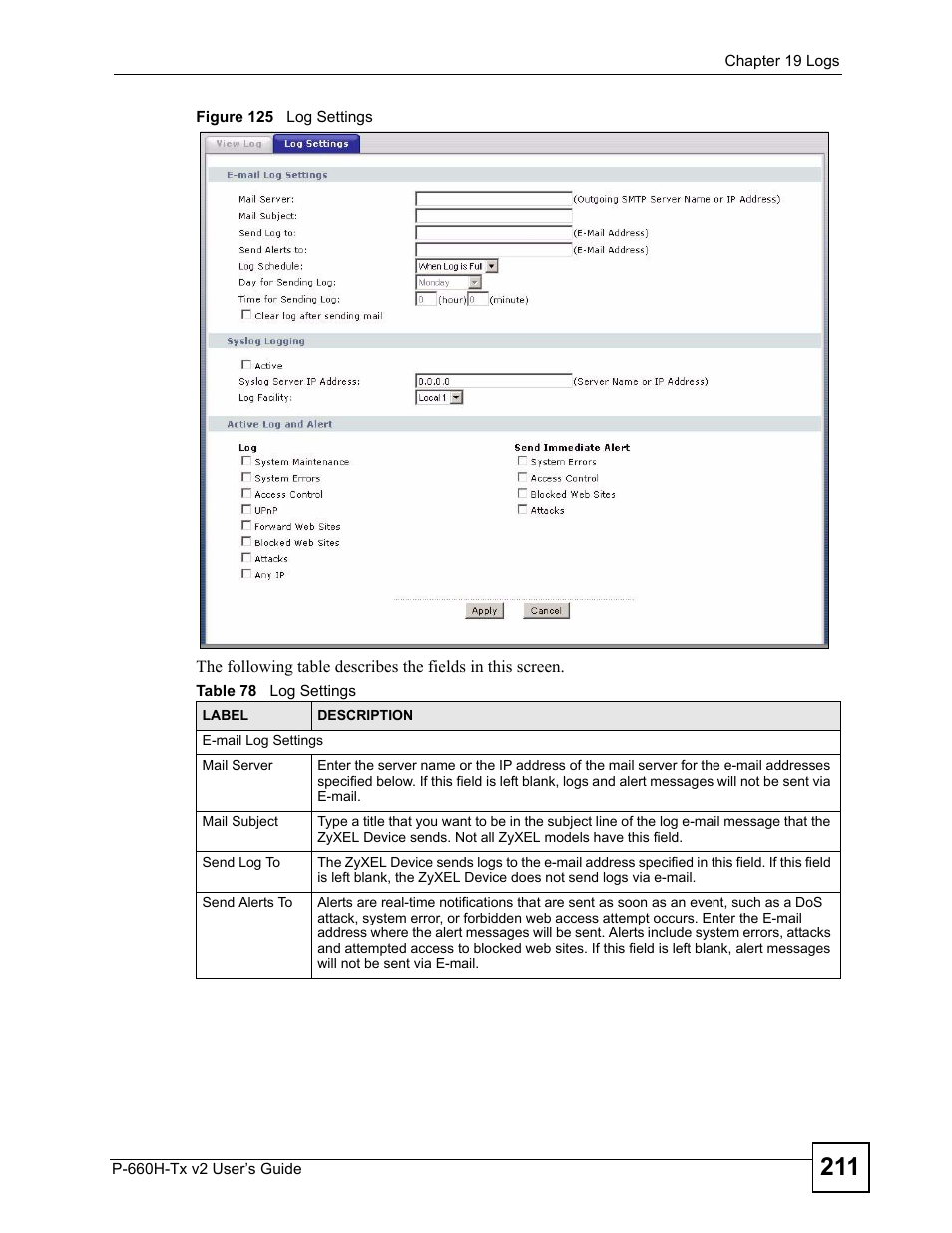 Figure 125 log settings, Table 78 log settings | ZyXEL Communications P-660H-Tx v2 User Manual | Page 211 / 312