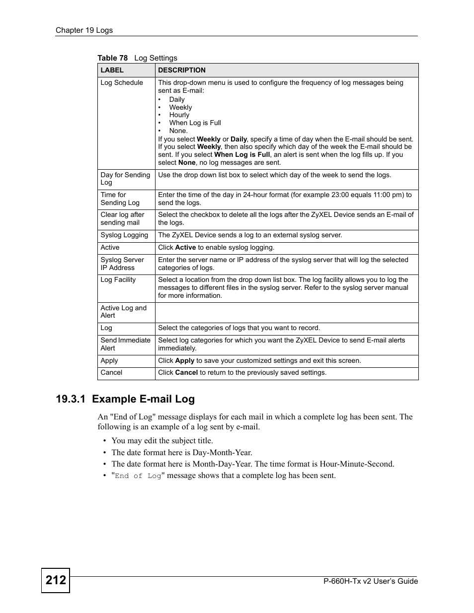 1 example e-mail log | ZyXEL Communications P-660H-Tx v2 User Manual | Page 212 / 312