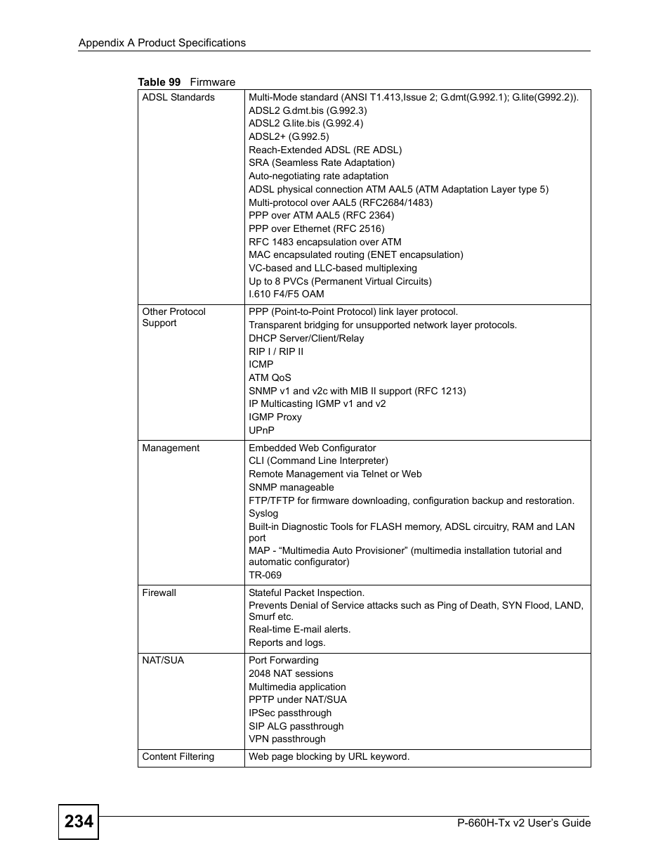 Table 99 firmware | ZyXEL Communications P-660H-Tx v2 User Manual | Page 234 / 312