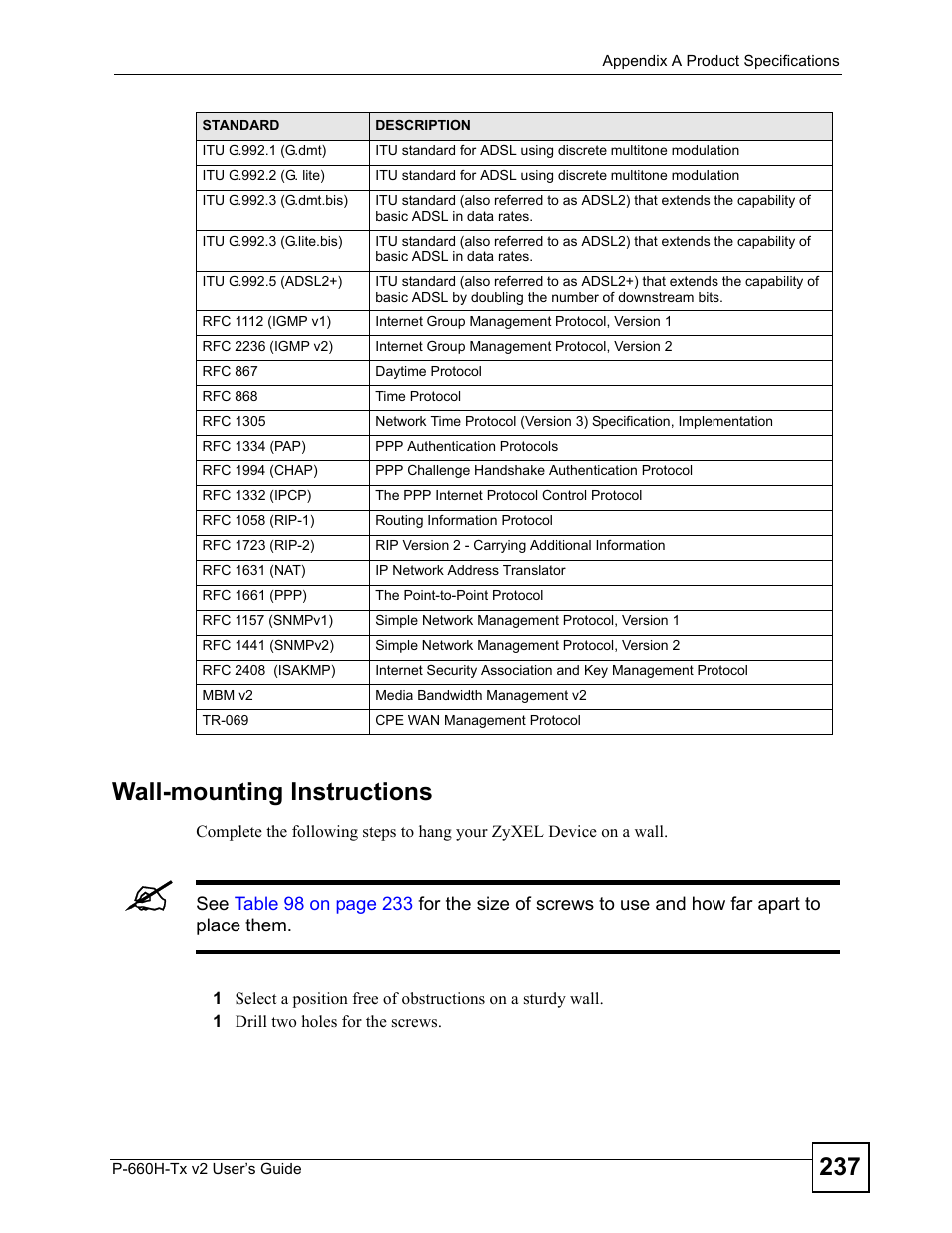 237 wall-mounting instructions | ZyXEL Communications P-660H-Tx v2 User Manual | Page 237 / 312