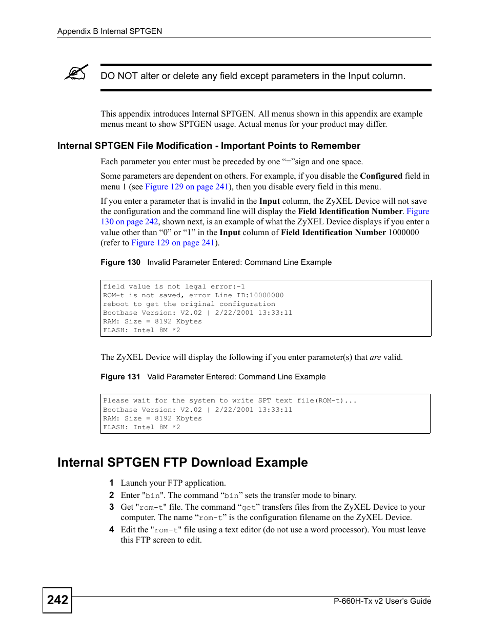 Internal sptgen ftp download example | ZyXEL Communications P-660H-Tx v2 User Manual | Page 242 / 312