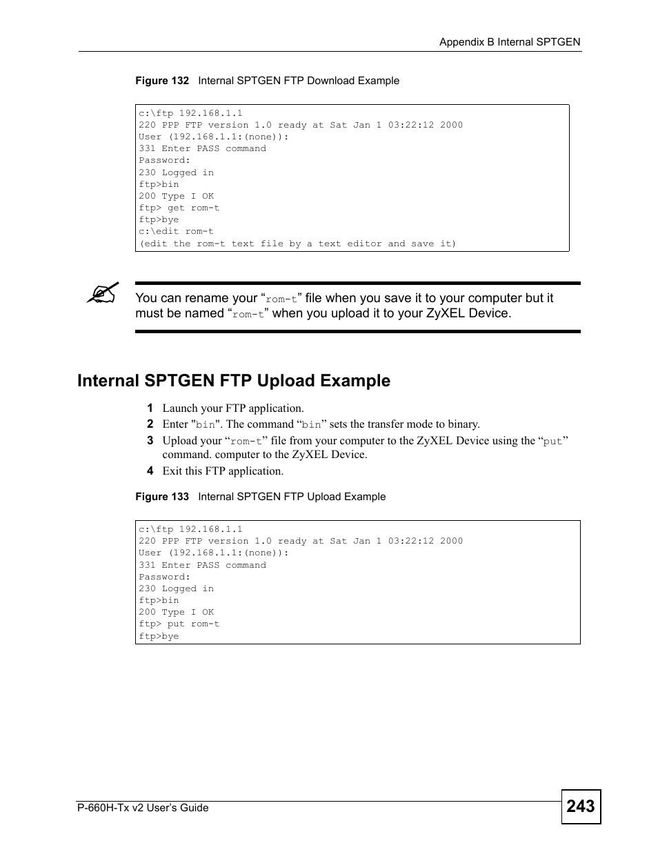 Internal sptgen ftp upload example | ZyXEL Communications P-660H-Tx v2 User Manual | Page 243 / 312