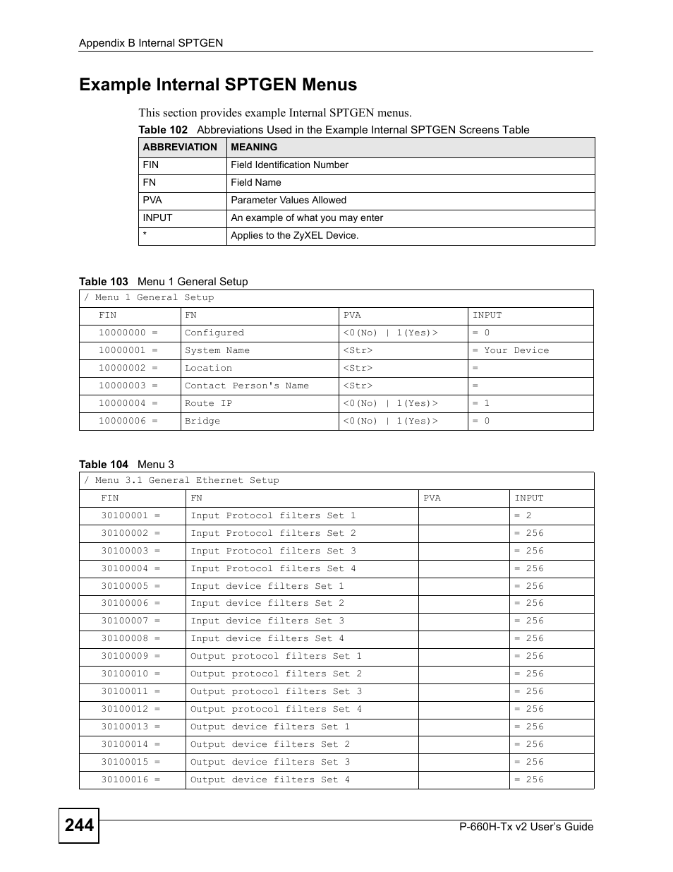 244 example internal sptgen menus | ZyXEL Communications P-660H-Tx v2 User Manual | Page 244 / 312