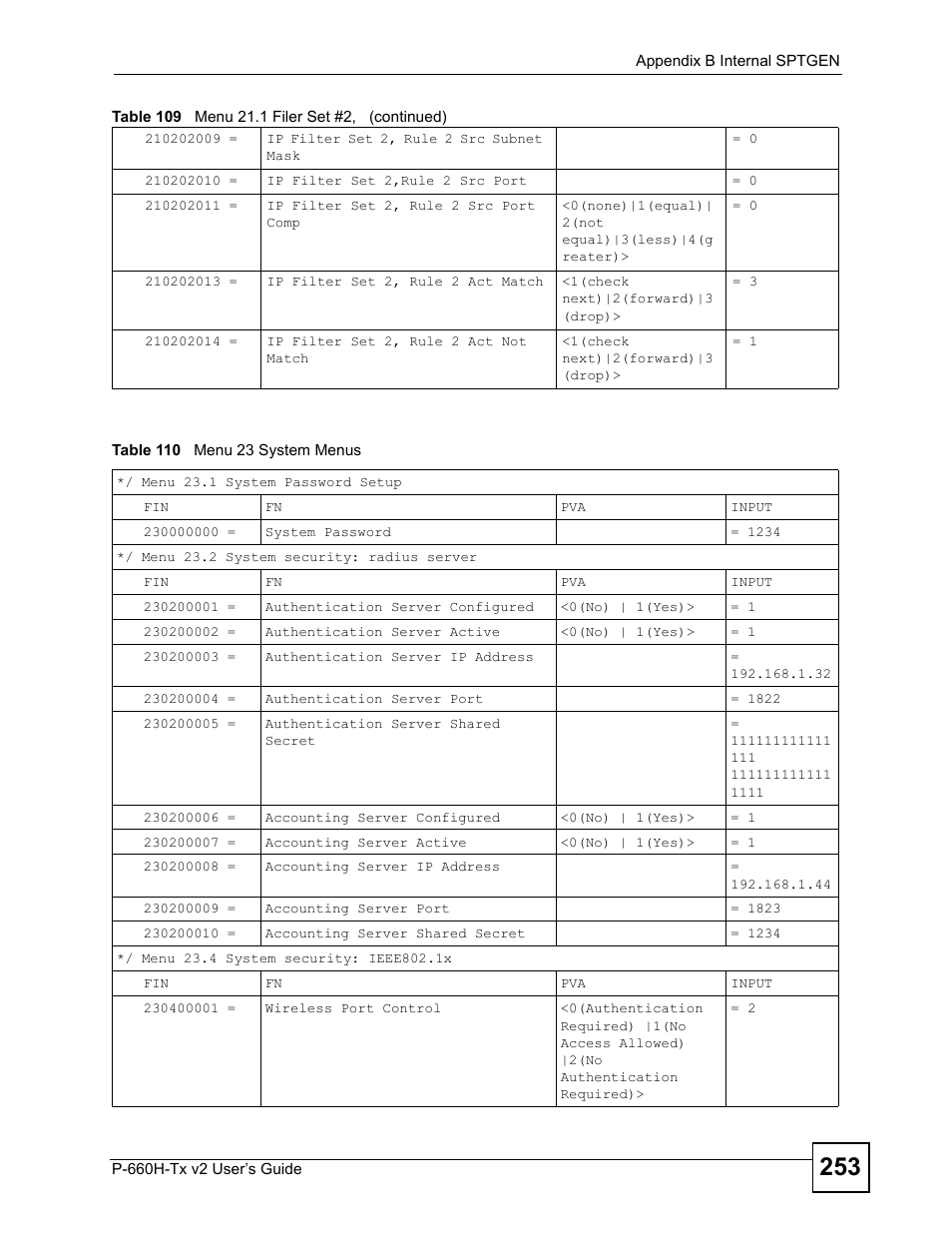 Table 110 menu 23 system menus | ZyXEL Communications P-660H-Tx v2 User Manual | Page 253 / 312