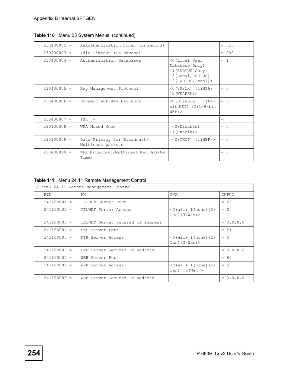Table 111 menu 24.11 remote management control | ZyXEL Communications P-660H-Tx v2 User Manual | Page 254 / 312