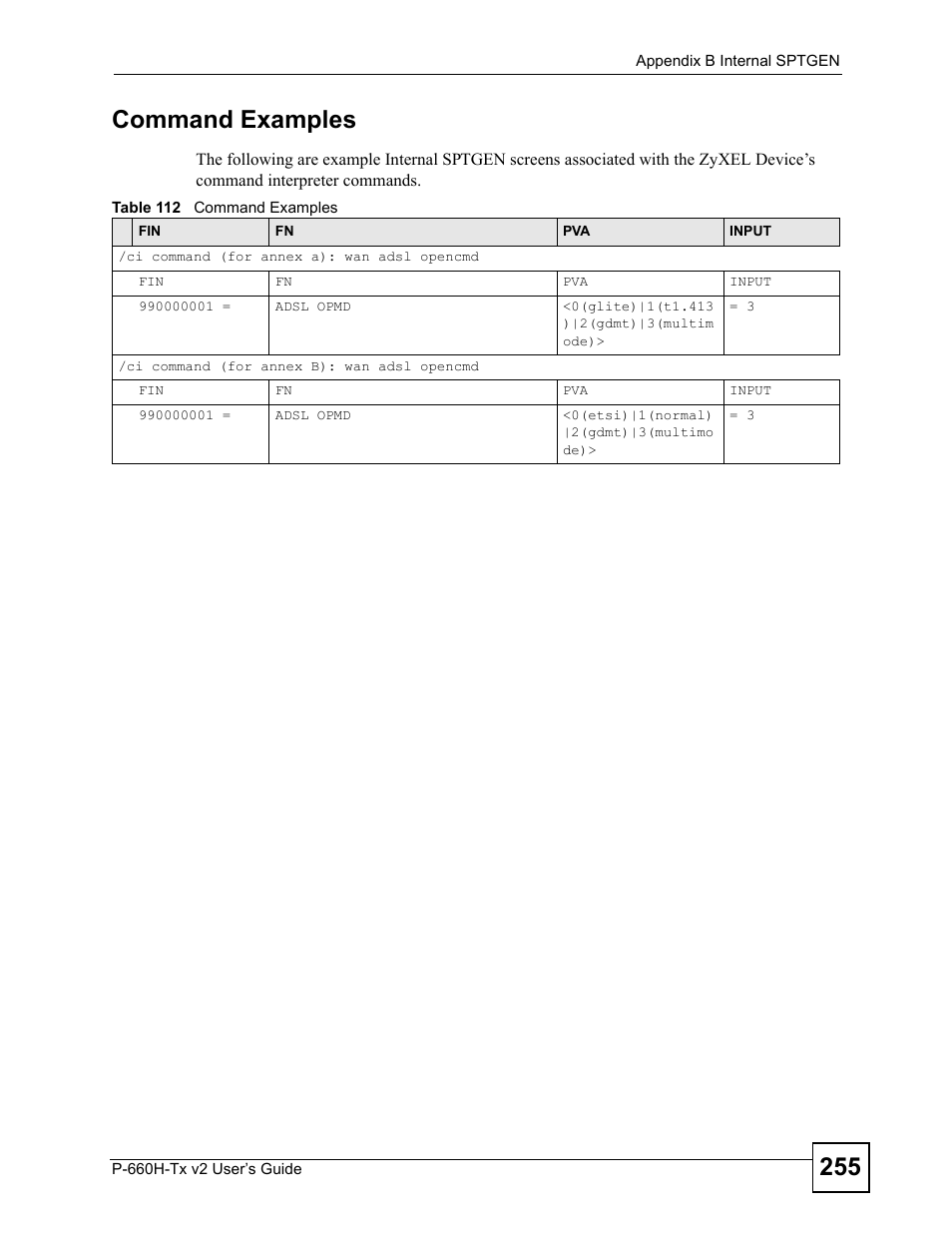 Table 112 command examples, 255 command examples | ZyXEL Communications P-660H-Tx v2 User Manual | Page 255 / 312