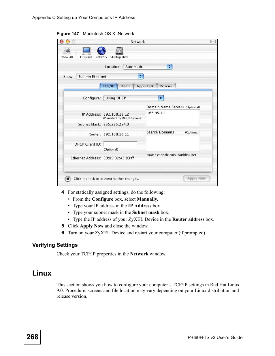 Figure 147 macintosh os x: network, Linux | ZyXEL Communications P-660H-Tx v2 User Manual | Page 268 / 312