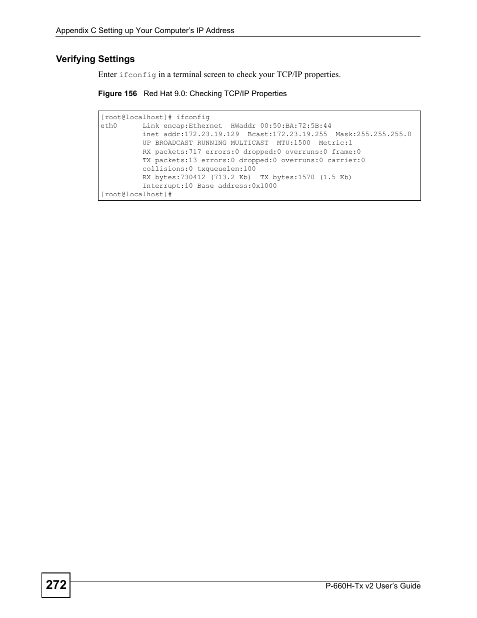 Figure 156 red hat 9.0: checking tcp/ip properties | ZyXEL Communications P-660H-Tx v2 User Manual | Page 272 / 312