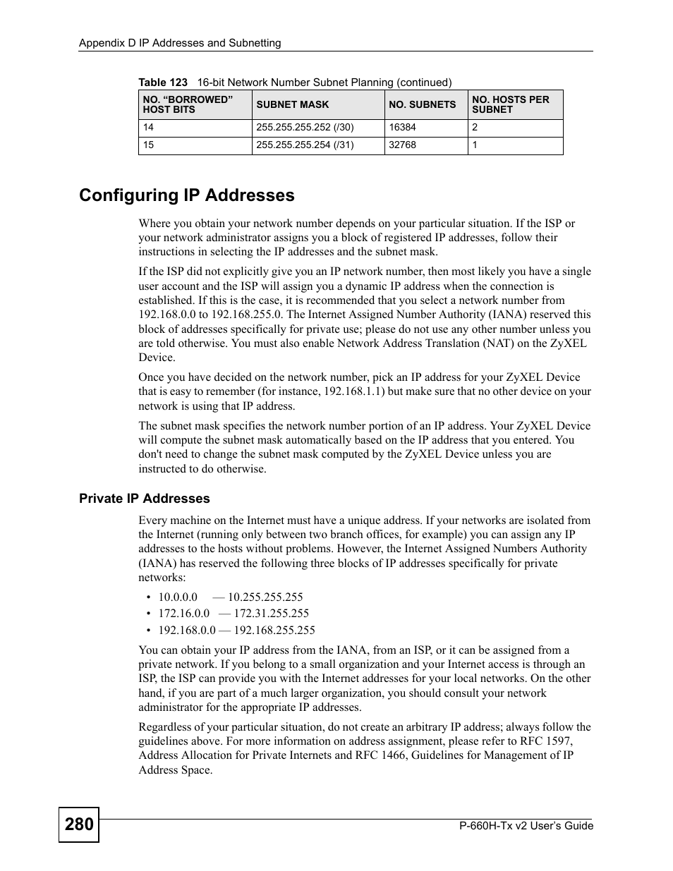 280 configuring ip addresses | ZyXEL Communications P-660H-Tx v2 User Manual | Page 280 / 312