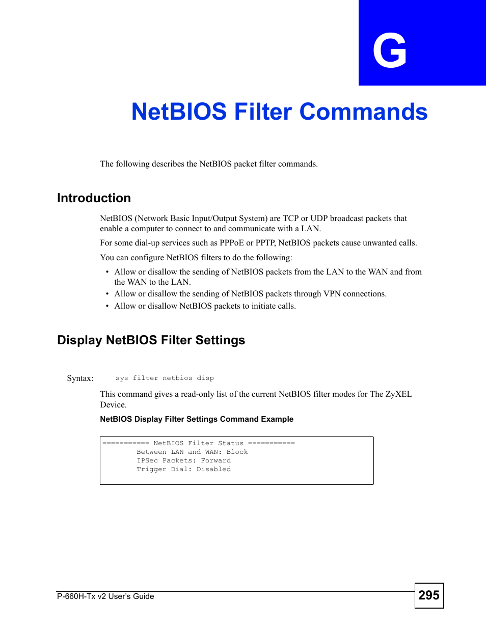 Netbios filter commands, Appendix g netbios filter commands, Netbios filter commands (295) | ZyXEL Communications P-660H-Tx v2 User Manual | Page 295 / 312