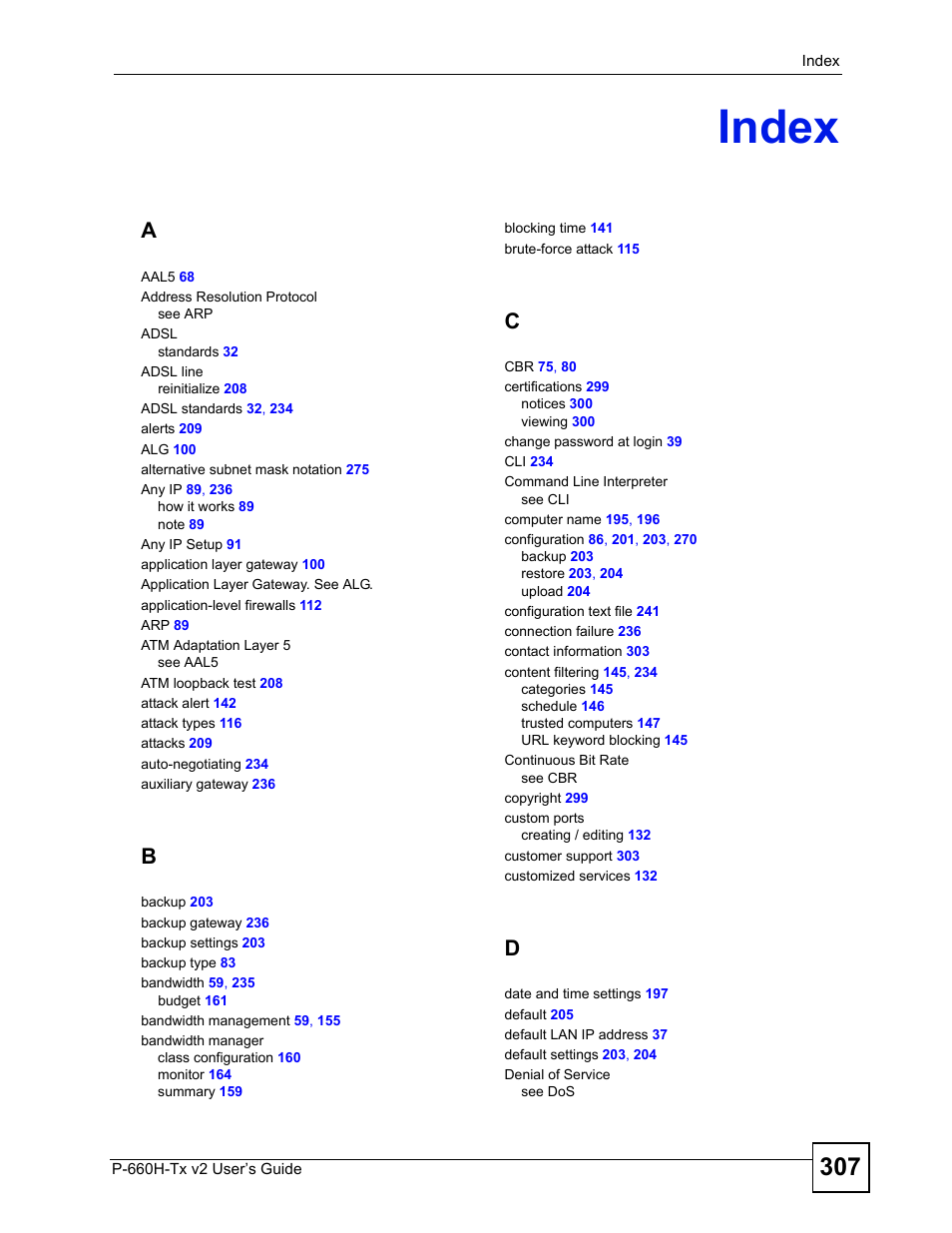 Index, Index (307) | ZyXEL Communications P-660H-Tx v2 User Manual | Page 307 / 312