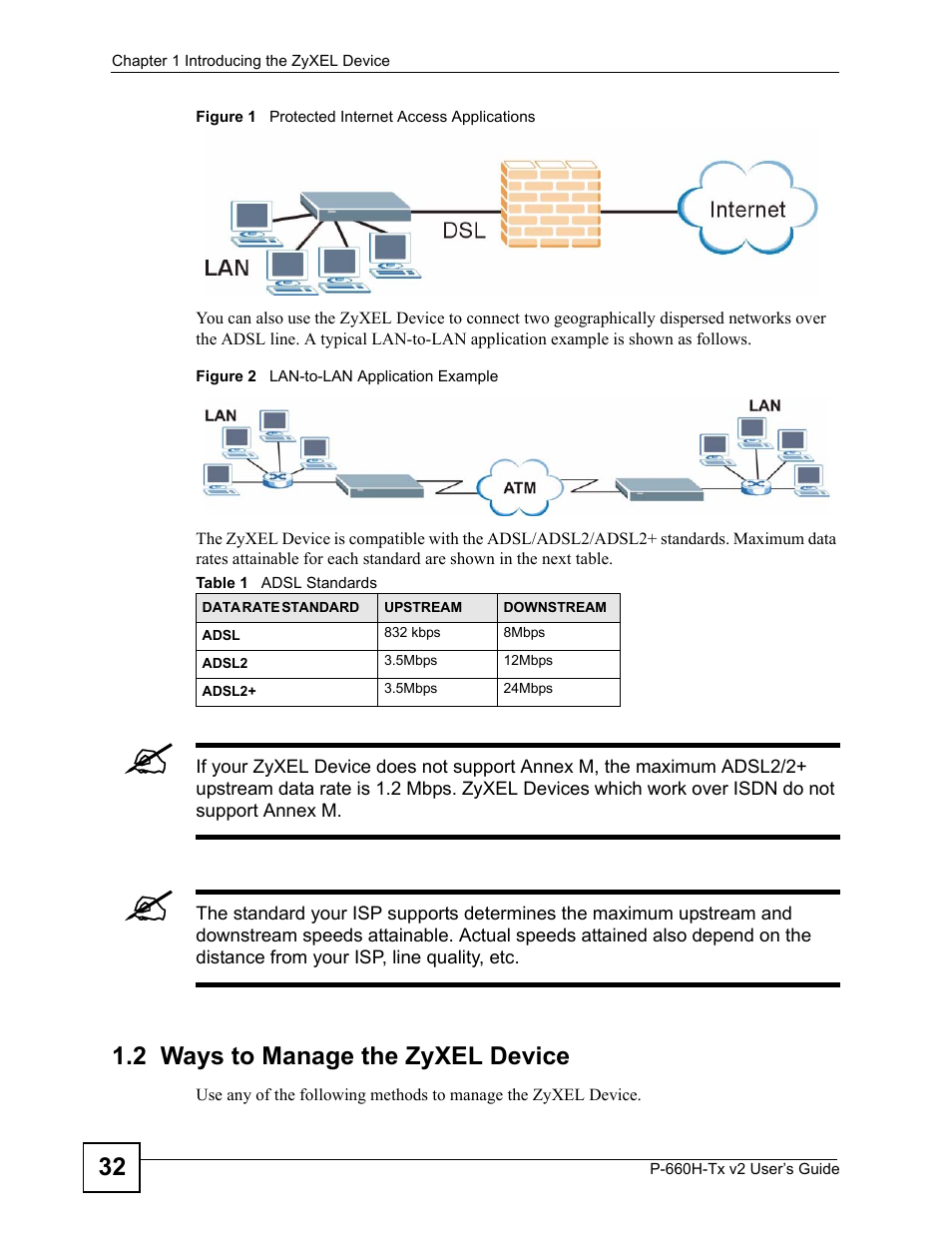 2 ways to manage the zyxel device, Table 1 adsl standards | ZyXEL Communications P-660H-Tx v2 User Manual | Page 32 / 312