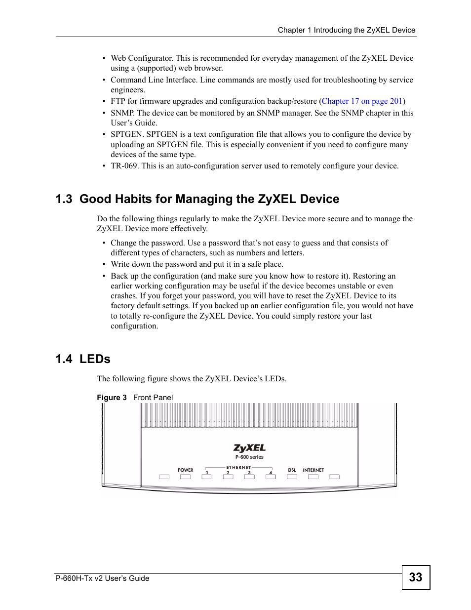 3 good habits for managing the zyxel device, 4 leds, Figure 3 front panel | ZyXEL Communications P-660H-Tx v2 User Manual | Page 33 / 312