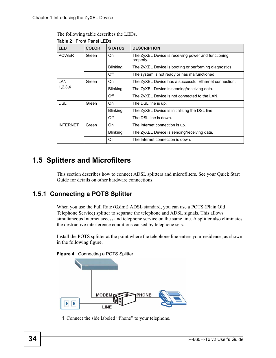 5 splitters and microfilters, 1 connecting a pots splitter, Figure 4 connecting a pots splitter | Table 2 front panel leds | ZyXEL Communications P-660H-Tx v2 User Manual | Page 34 / 312