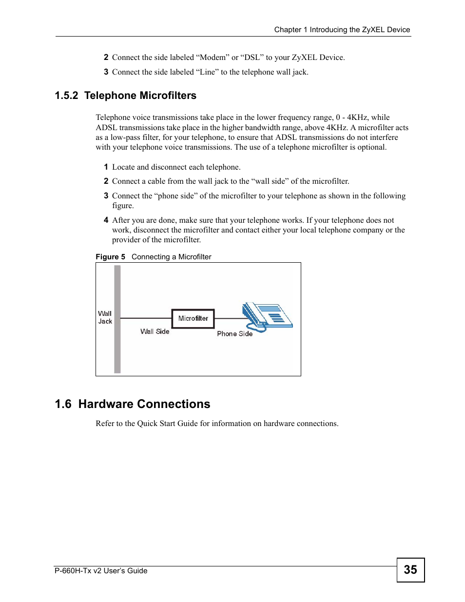 2 telephone microfilters, 6 hardware connections, Figure 5 connecting a microfilter | ZyXEL Communications P-660H-Tx v2 User Manual | Page 35 / 312