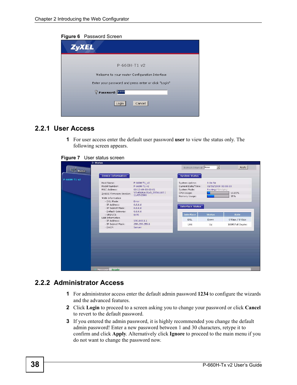 1 user access, 2 administrator access, 1 user access 2.2.2 administrator access | ZyXEL Communications P-660H-Tx v2 User Manual | Page 38 / 312