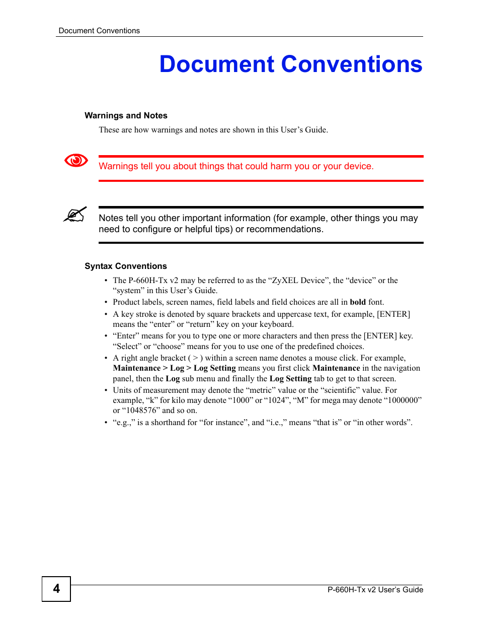 Document conventions | ZyXEL Communications P-660H-Tx v2 User Manual | Page 4 / 312