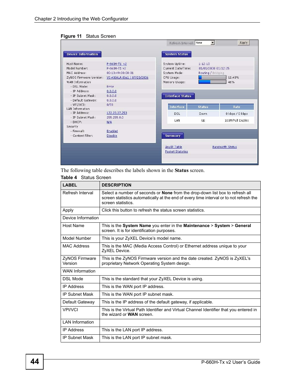 Figure 11 status screen, Table 4 status screen | ZyXEL Communications P-660H-Tx v2 User Manual | Page 44 / 312