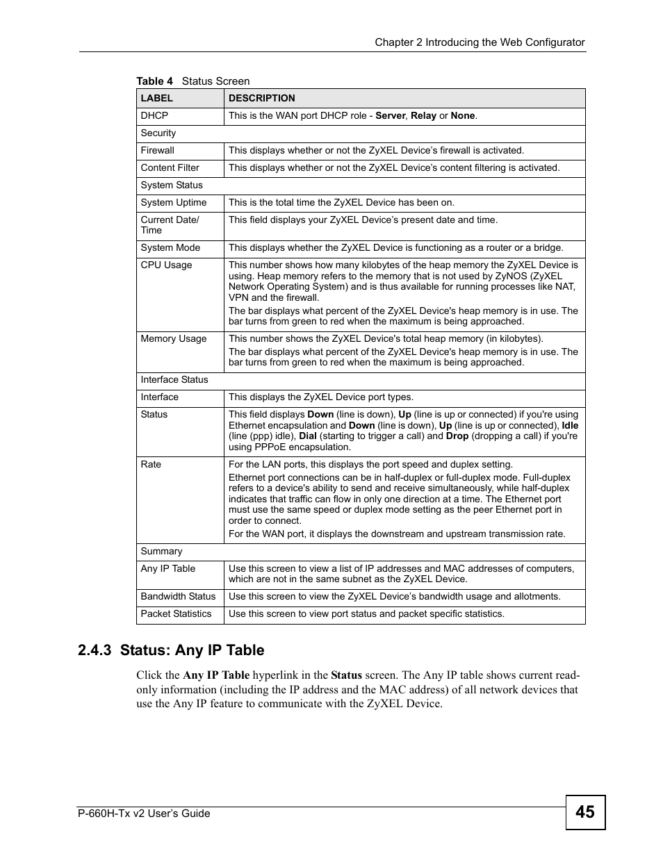 3 status: any ip table | ZyXEL Communications P-660H-Tx v2 User Manual | Page 45 / 312