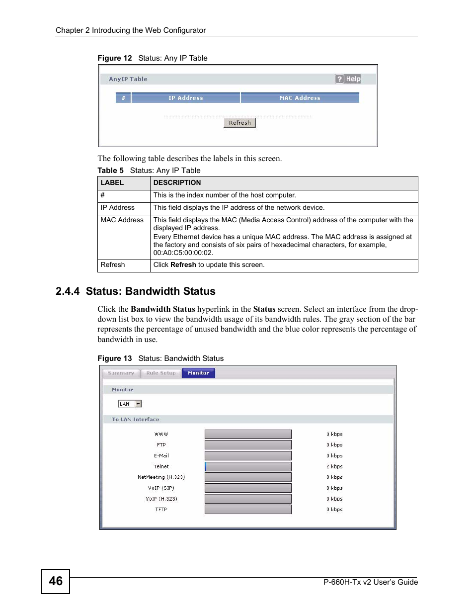 4 status: bandwidth status, Table 5 status: any ip table | ZyXEL Communications P-660H-Tx v2 User Manual | Page 46 / 312