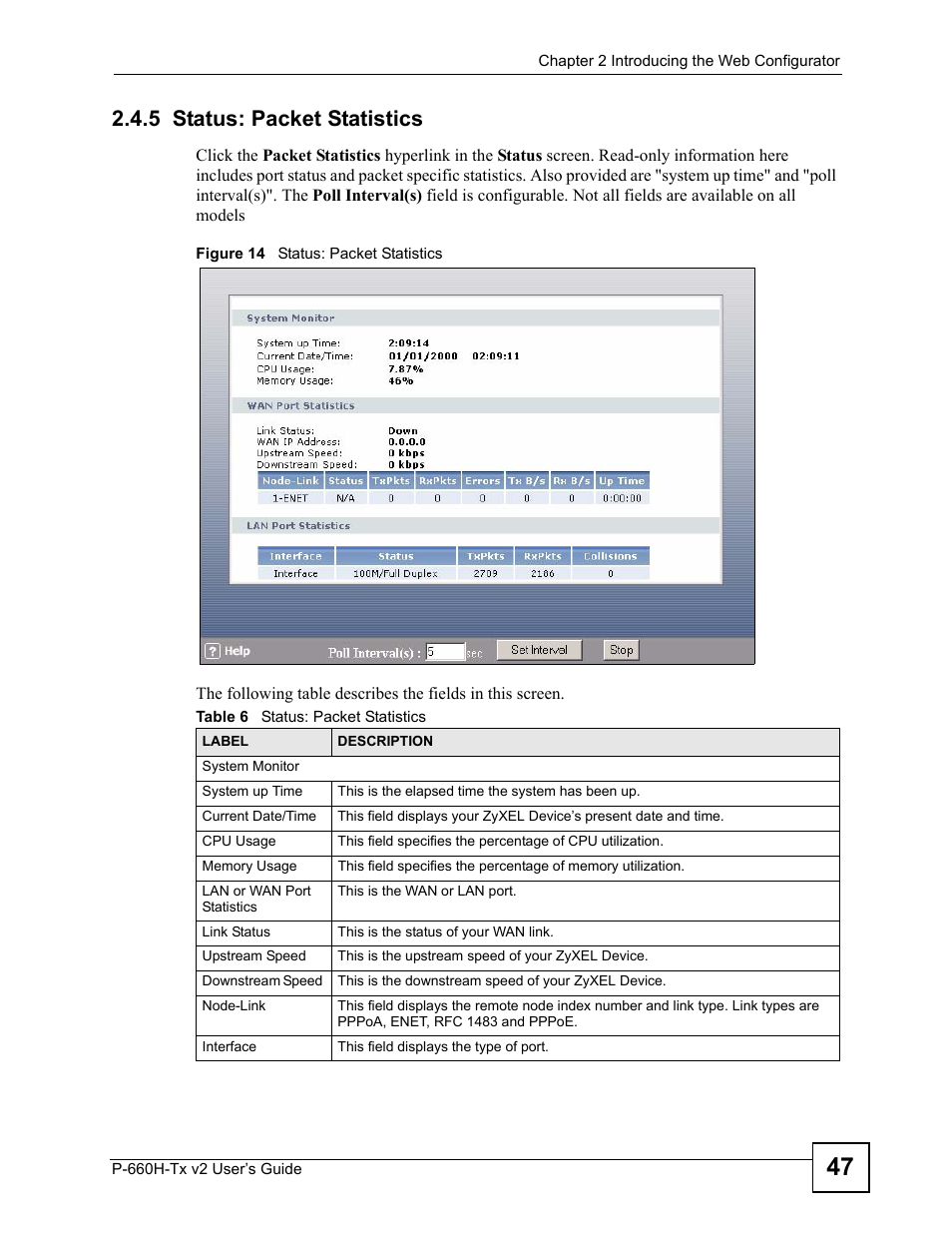 5 status: packet statistics, Figure 14 status: packet statistics, Table 6 status: packet statistics | ZyXEL Communications P-660H-Tx v2 User Manual | Page 47 / 312