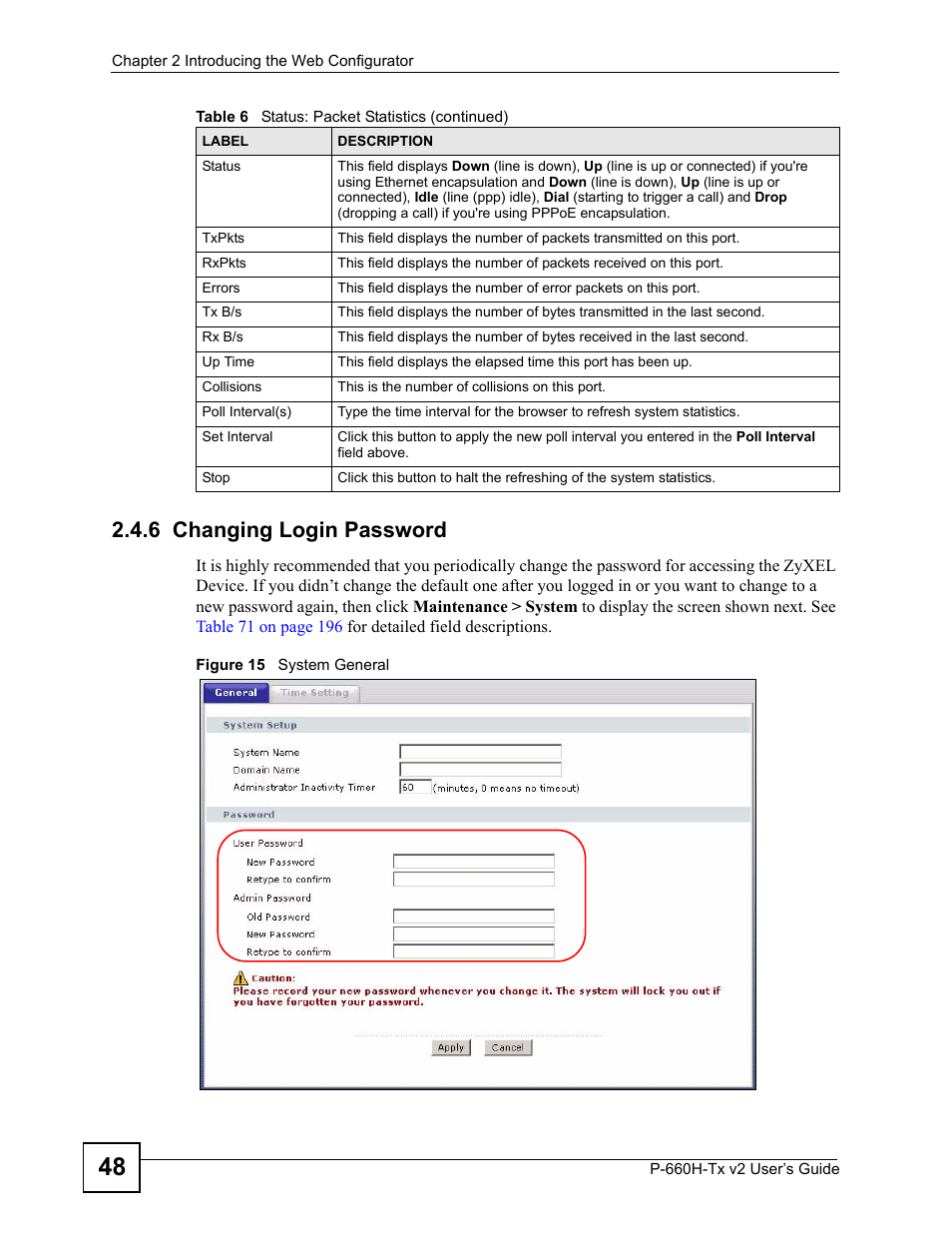 6 changing login password, Figure 15 system general | ZyXEL Communications P-660H-Tx v2 User Manual | Page 48 / 312