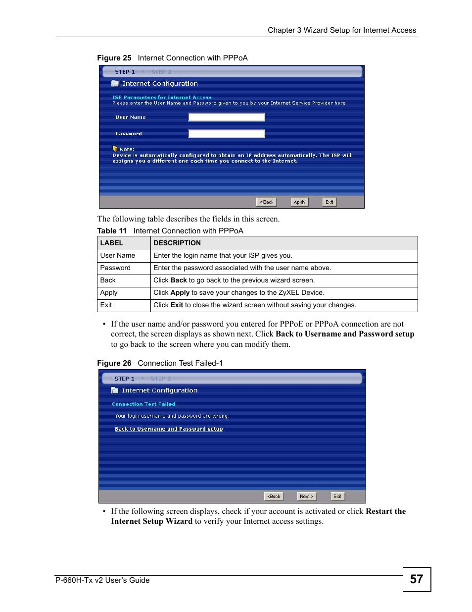 Table 11 internet connection with pppoa | ZyXEL Communications P-660H-Tx v2 User Manual | Page 57 / 312