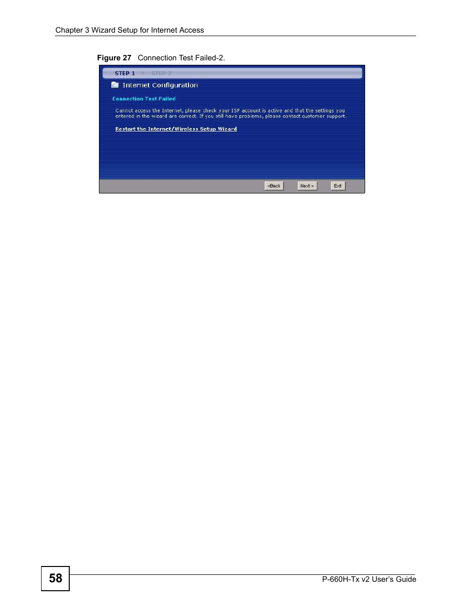 Figure 27 connection test failed-2 | ZyXEL Communications P-660H-Tx v2 User Manual | Page 58 / 312