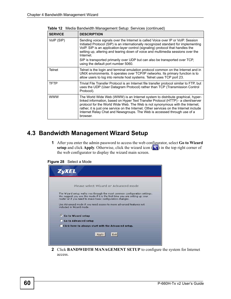 3 bandwidth management wizard setup, Figure 28 select a mode, 60 4.3 bandwidth management wizard setup | ZyXEL Communications P-660H-Tx v2 User Manual | Page 60 / 312