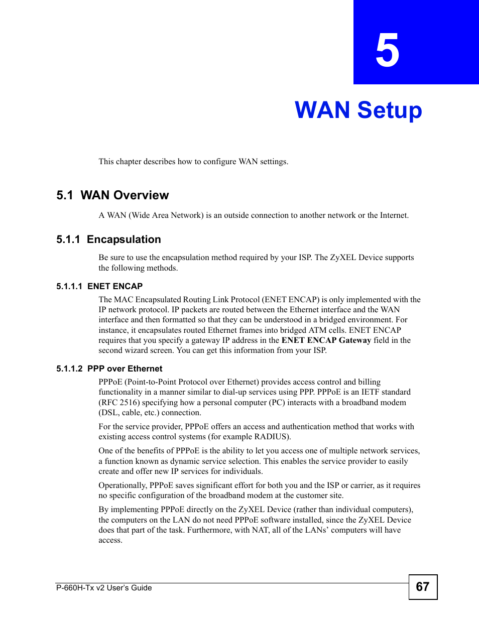 Wan setup, 1 wan overview, 1 encapsulation | Chapter 5 wan setup | ZyXEL Communications P-660H-Tx v2 User Manual | Page 67 / 312