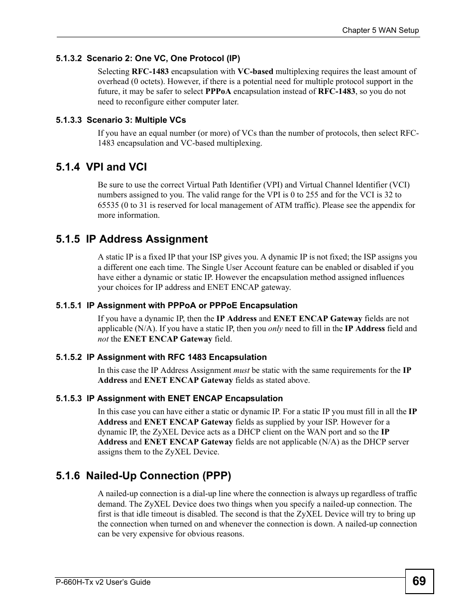 4 vpi and vci, 5 ip address assignment, 6 nailed-up connection (ppp) | ZyXEL Communications P-660H-Tx v2 User Manual | Page 69 / 312