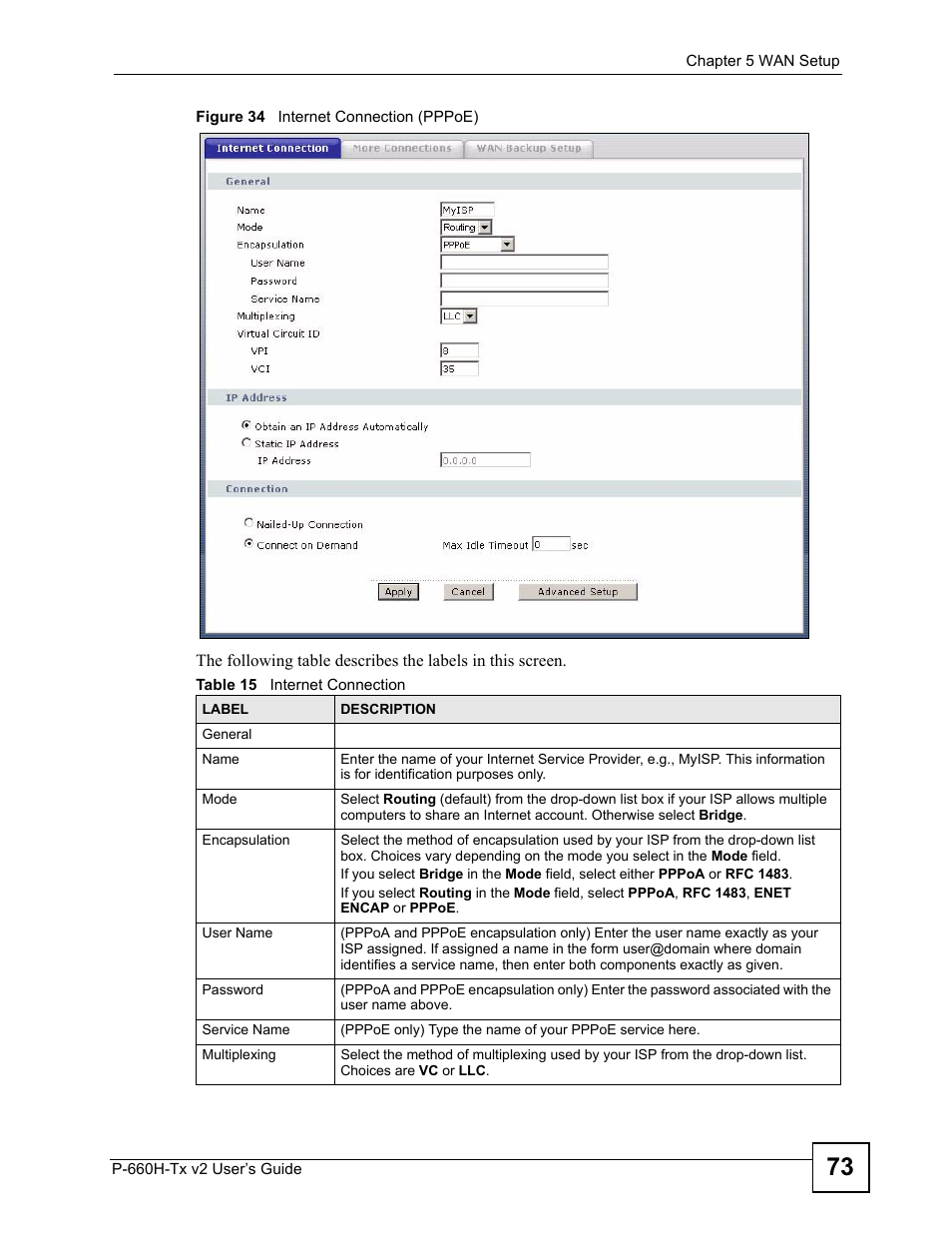 Figure 34 internet connection (pppoe), Table 15 internet connection | ZyXEL Communications P-660H-Tx v2 User Manual | Page 73 / 312