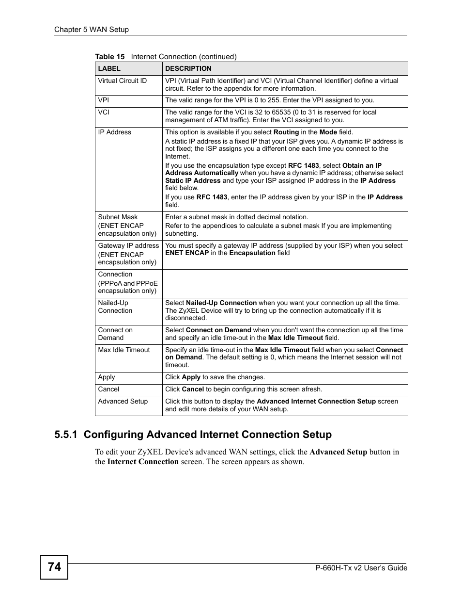 1 configuring advanced internet connection setup | ZyXEL Communications P-660H-Tx v2 User Manual | Page 74 / 312