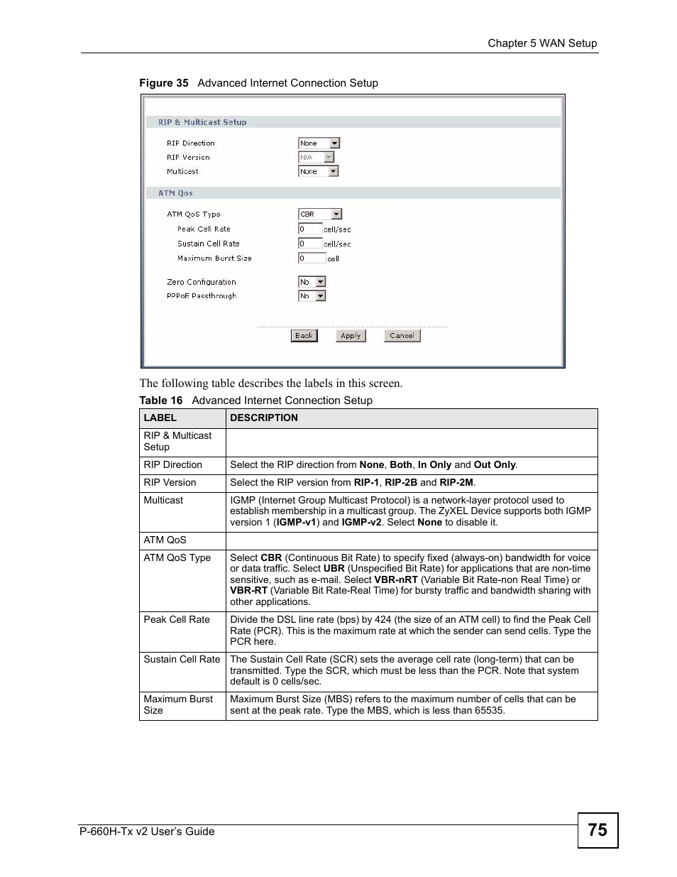 Figure 35 advanced internet connection setup, Table 16 advanced internet connection setup | ZyXEL Communications P-660H-Tx v2 User Manual | Page 75 / 312