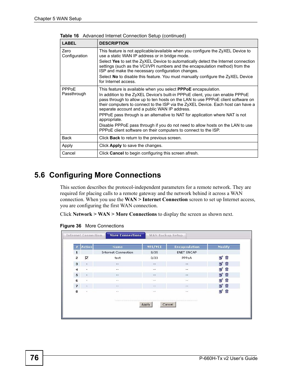 6 configuring more connections, Figure 36 more connections, 76 5.6 configuring more connections | ZyXEL Communications P-660H-Tx v2 User Manual | Page 76 / 312