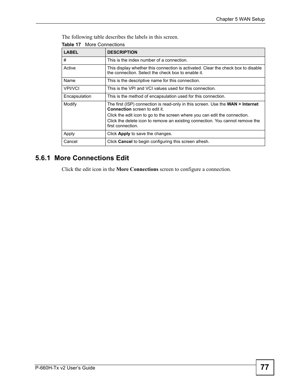 1 more connections edit, Table 17 more connections | ZyXEL Communications P-660H-Tx v2 User Manual | Page 77 / 312