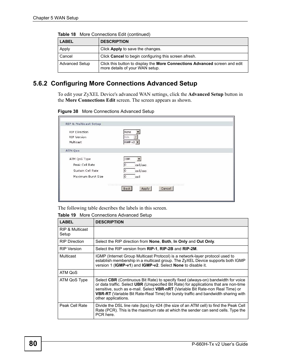 2 configuring more connections advanced setup, Figure 38 more connections advanced setup, Table 19 more connections advanced setup | ZyXEL Communications P-660H-Tx v2 User Manual | Page 80 / 312