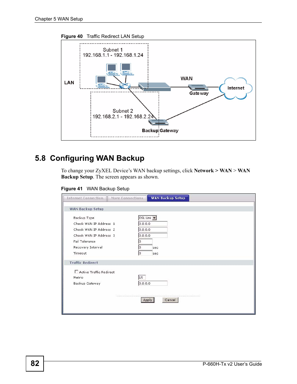 8 configuring wan backup | ZyXEL Communications P-660H-Tx v2 User Manual | Page 82 / 312