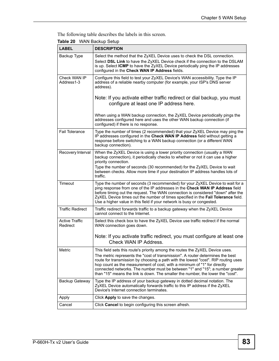 Table 20 wan backup setup | ZyXEL Communications P-660H-Tx v2 User Manual | Page 83 / 312